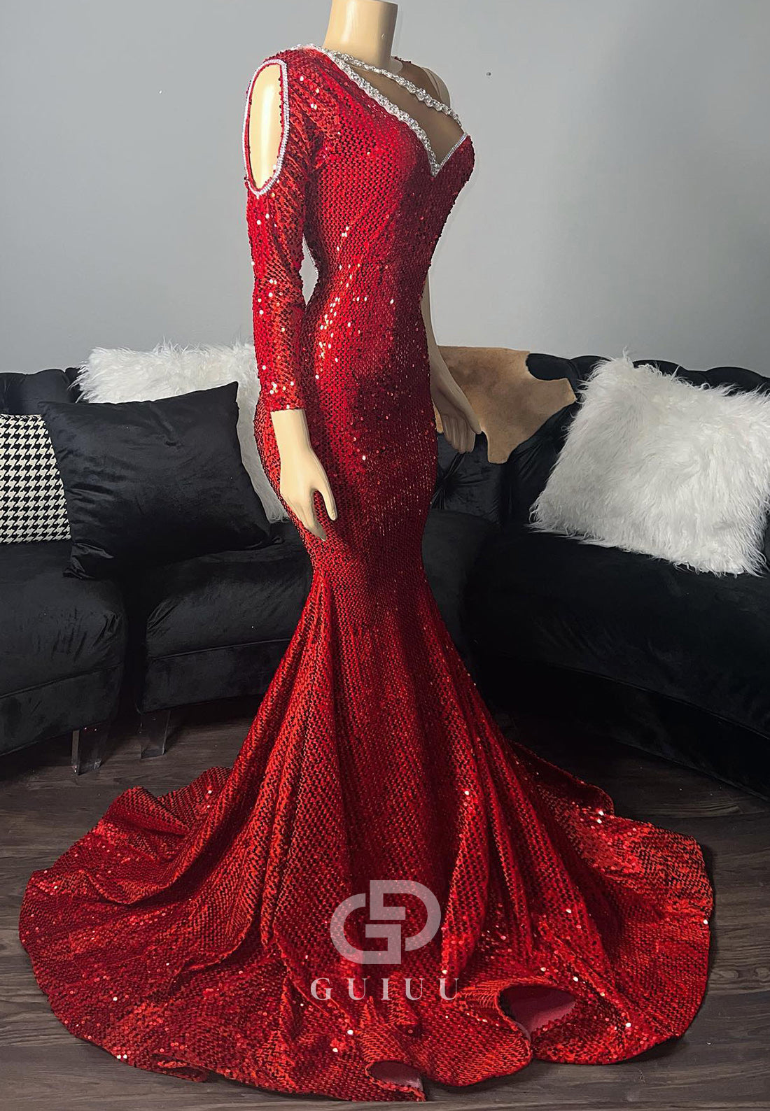 One Shoulder Long Sleeves Sequins Mermaid Prom Dress for Black Girl