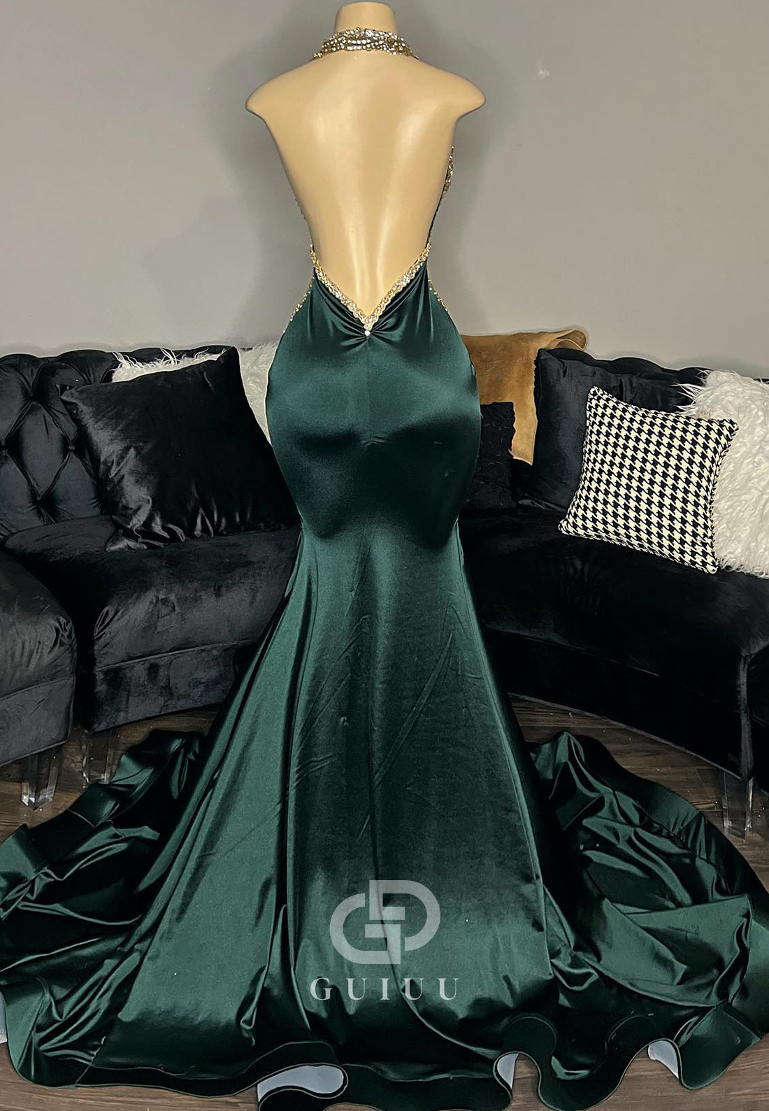 Dark Green Halter Sleeveless Backless Mermaid Prom Dress