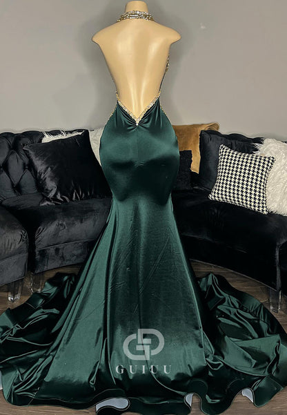 Dark Green Halter Sleeveless Backless Mermaid Prom Dress