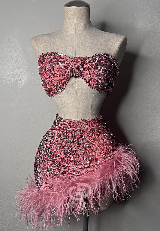 Candy Pink Strapless Sleeveless Feathers Homcoming Prom Dress