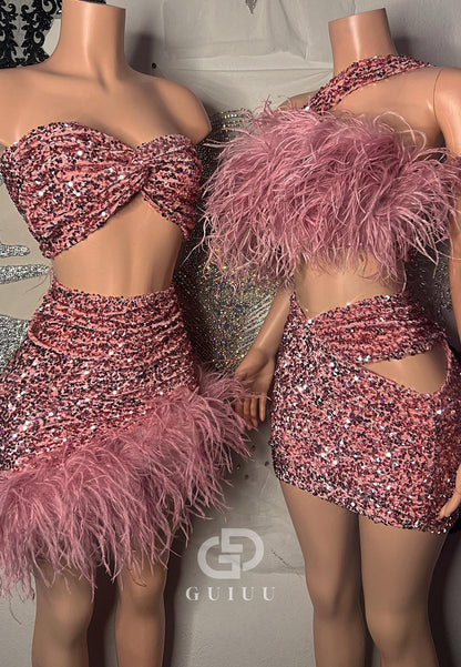 Candy Pink Strapless Sleeveless Feathers Homcoming Prom Dress