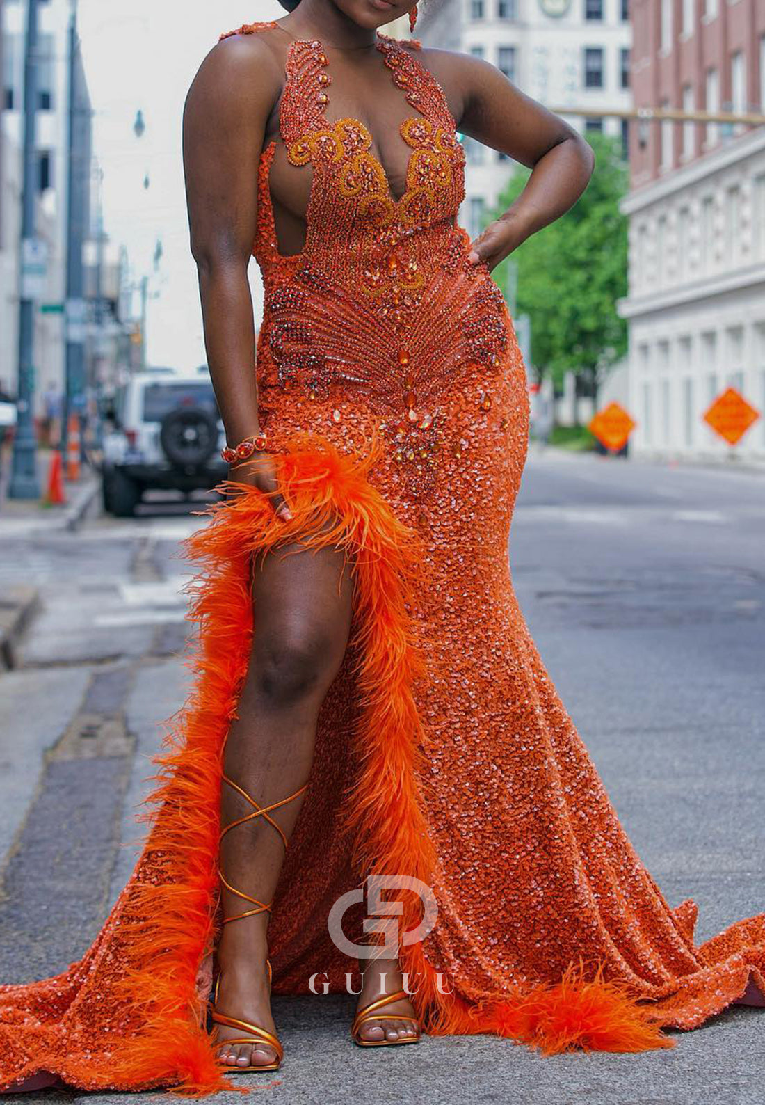 Papaya Sleeveless Halter Sequins Slit Feathers Prom Dress for Black Girl