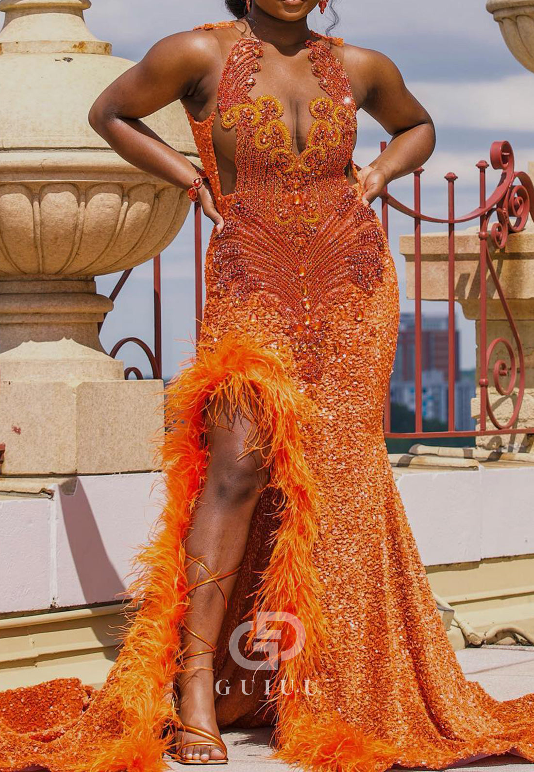 Papaya Sleeveless Halter Sequins Slit Feathers Prom Dress for Black Girl