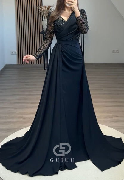 Long Sleeves V-Neck Prom Dress with Beads Sweep Train Evening Dress