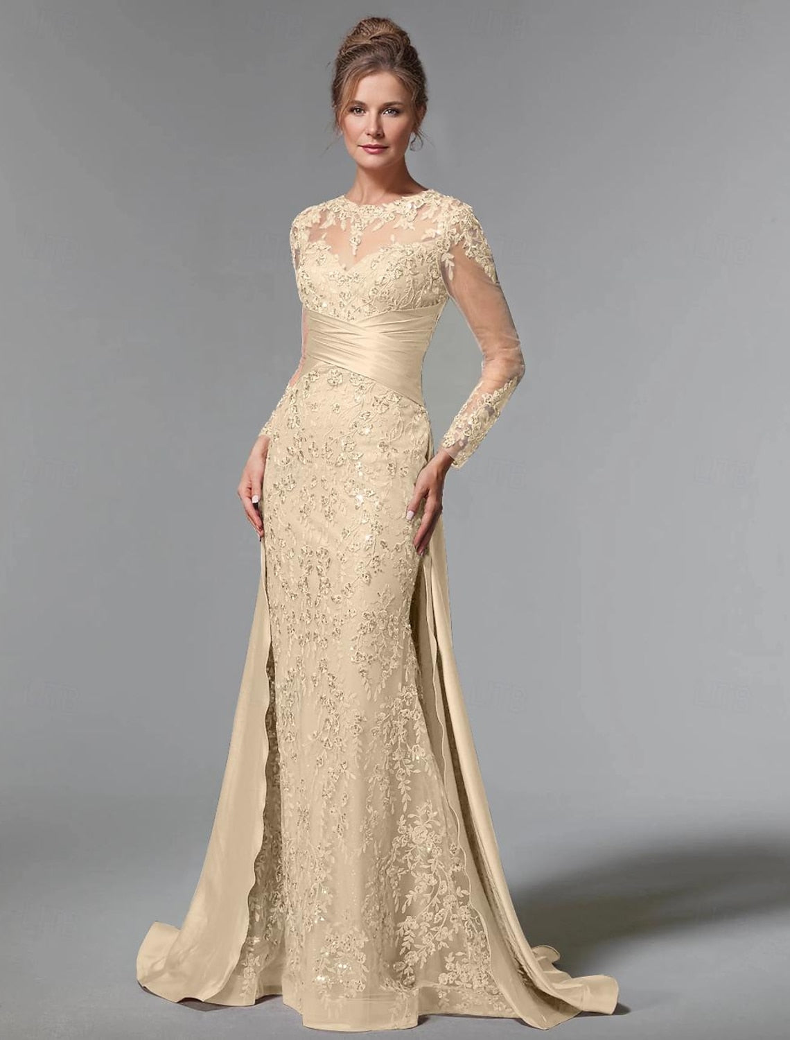 GM055 - Mermaid Long Sleeves Sweep Brush Train Appliques Stain Pleated Mother of the Bride Dress Formal Wedding Guest Gown