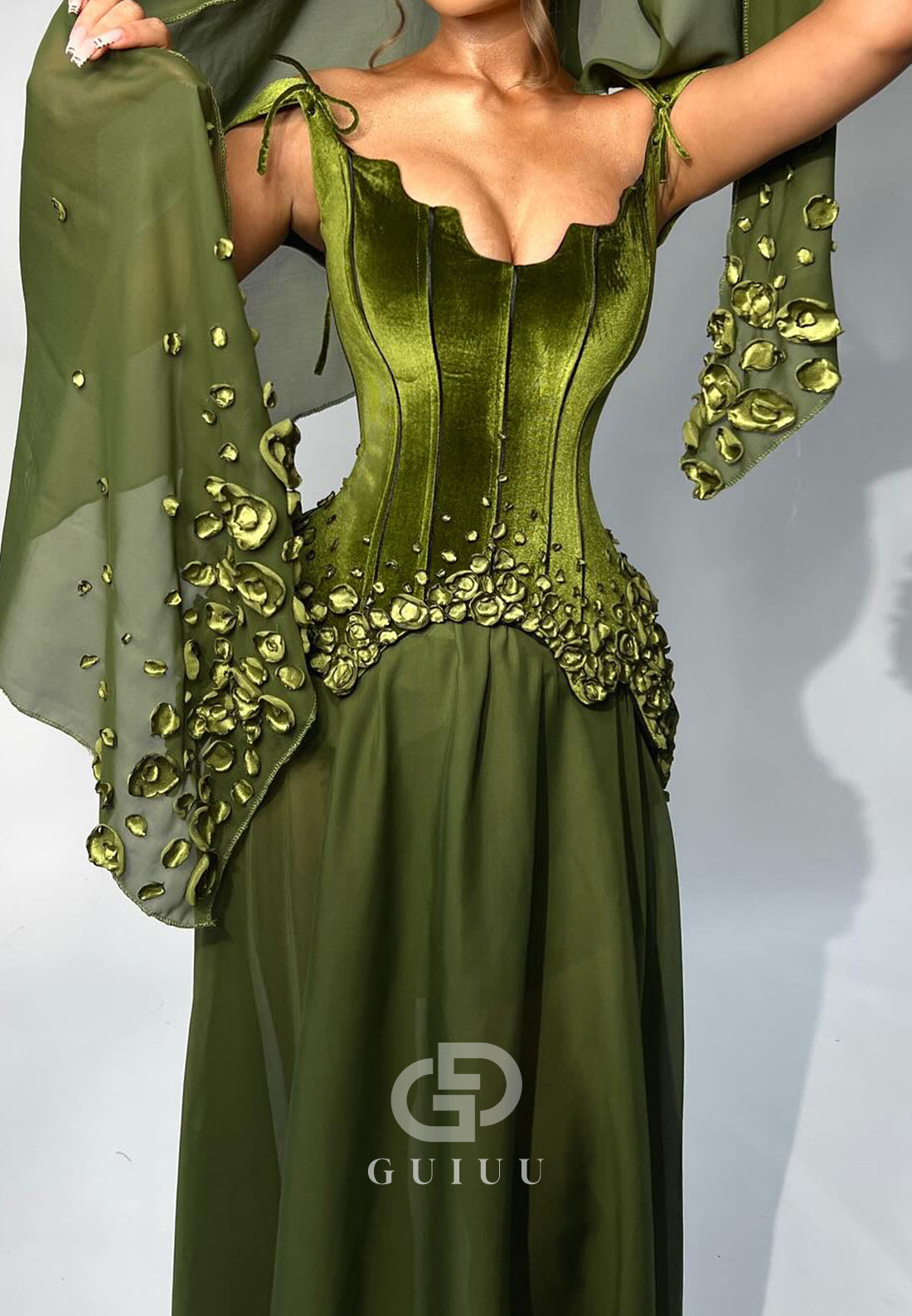 Eucalyptus Spaghetti Straps Floral Appliques Evening Dress