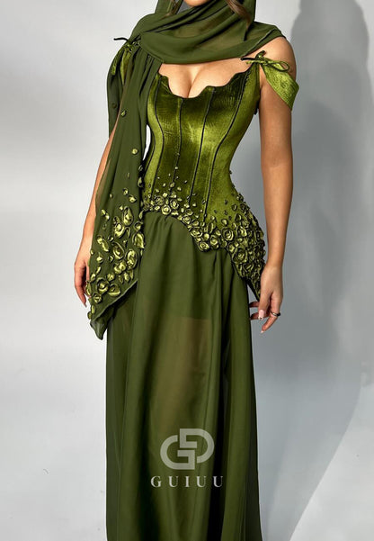 Eucalyptus Spaghetti Straps Floral Appliques Evening Dress