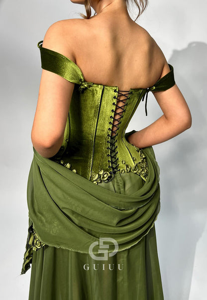 Eucalyptus Spaghetti Straps Floral Appliques Evening Dress