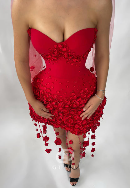 Charming A-Line Strapless Sleeveless Floral Appliques Homecoming Dress