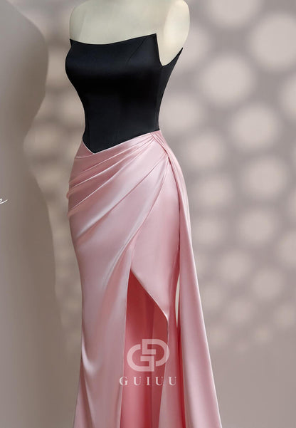 Blushing Pink Sleeveless Strapless Slit Ruched Prom Dress