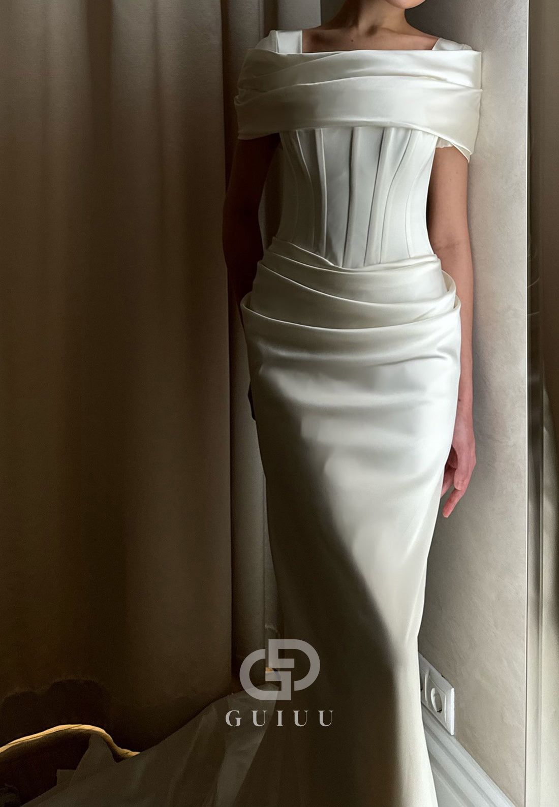 Elegant Square Corset Ruched Mermaid Satin Wedding Dress