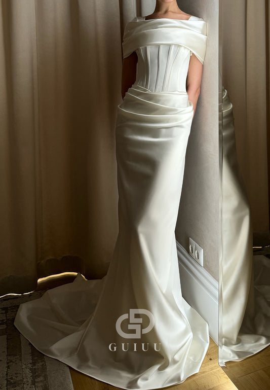 Elegant Square Corset Ruched Mermaid Satin Wedding Dress