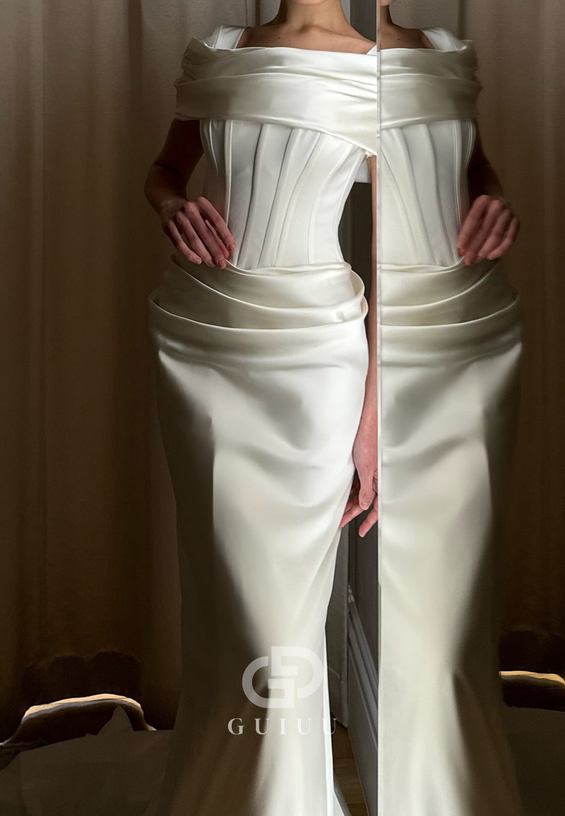 Elegant Square Corset Ruched Mermaid Satin Wedding Dress