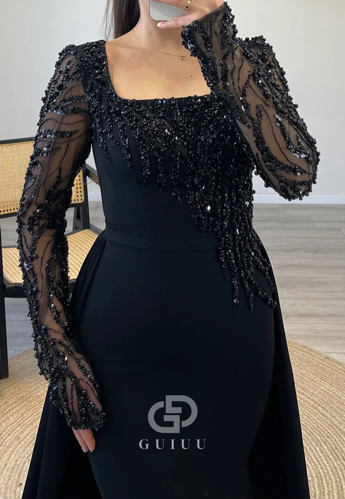 Black Long Sleeves Square Sequins A-Line Evening Dress