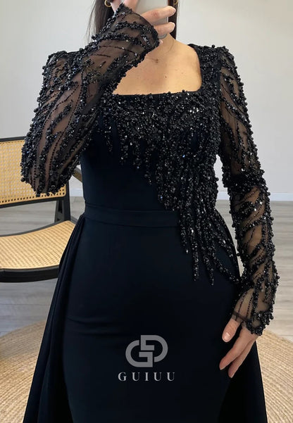Black Long Sleeves Square Sequins A-Line Evening Dress