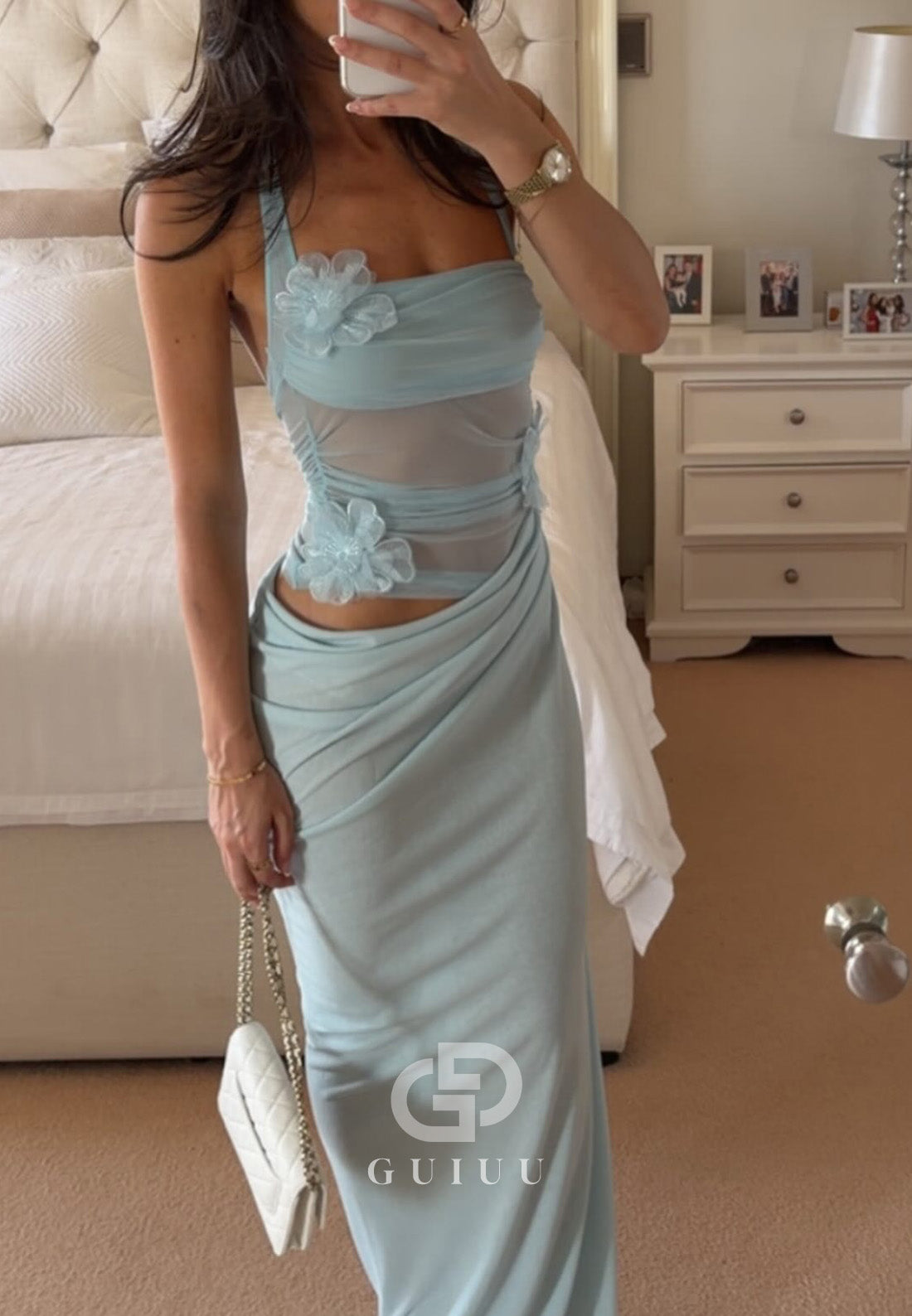 Sky Blue Spaghetti Straps Scoop Corset Tulle Ruched Prom Dress