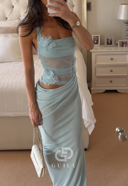 Sky Blue Spaghetti Straps Scoop Corset Tulle Ruched Prom Dress