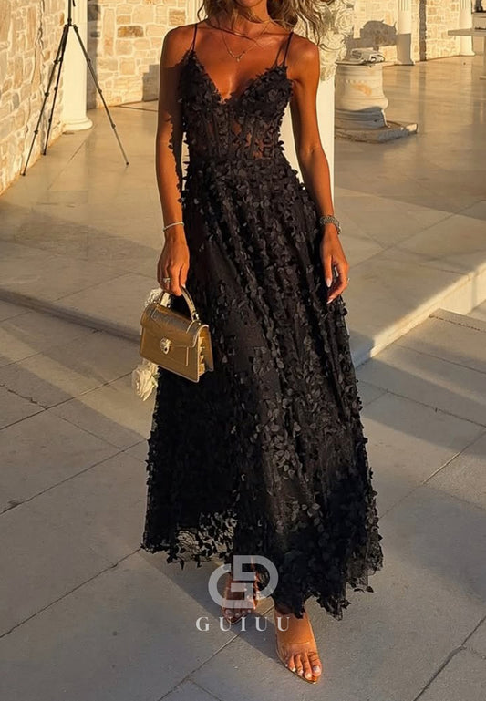 Black Spaghetti Straps Sweetheart Appliques A-Line Prom Dress