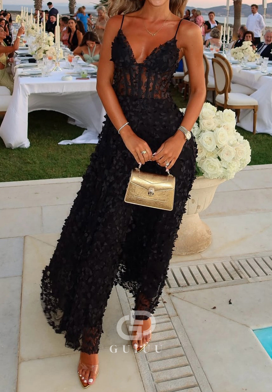 Black Spaghetti Straps Sweetheart Appliques A-Line Prom Dress