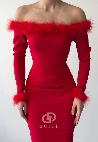Simple Long Sleeves Off-Shoulder Feathers Cocktail Dress