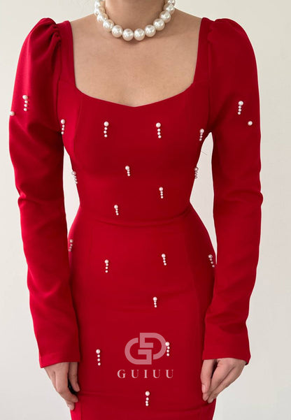 Long Sleeves Square Pearls Slit Semi-Formal Dress