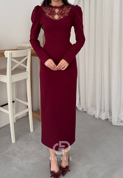 High Neck Long Sleeves Satin Semi-Formal Dress
