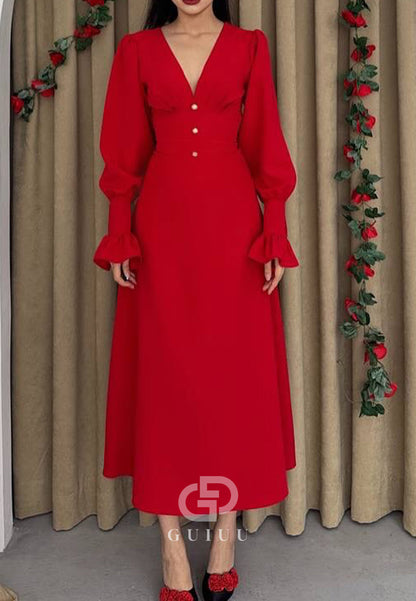 A-Line Long Sleeves V-Neck Semi-Formal Dress