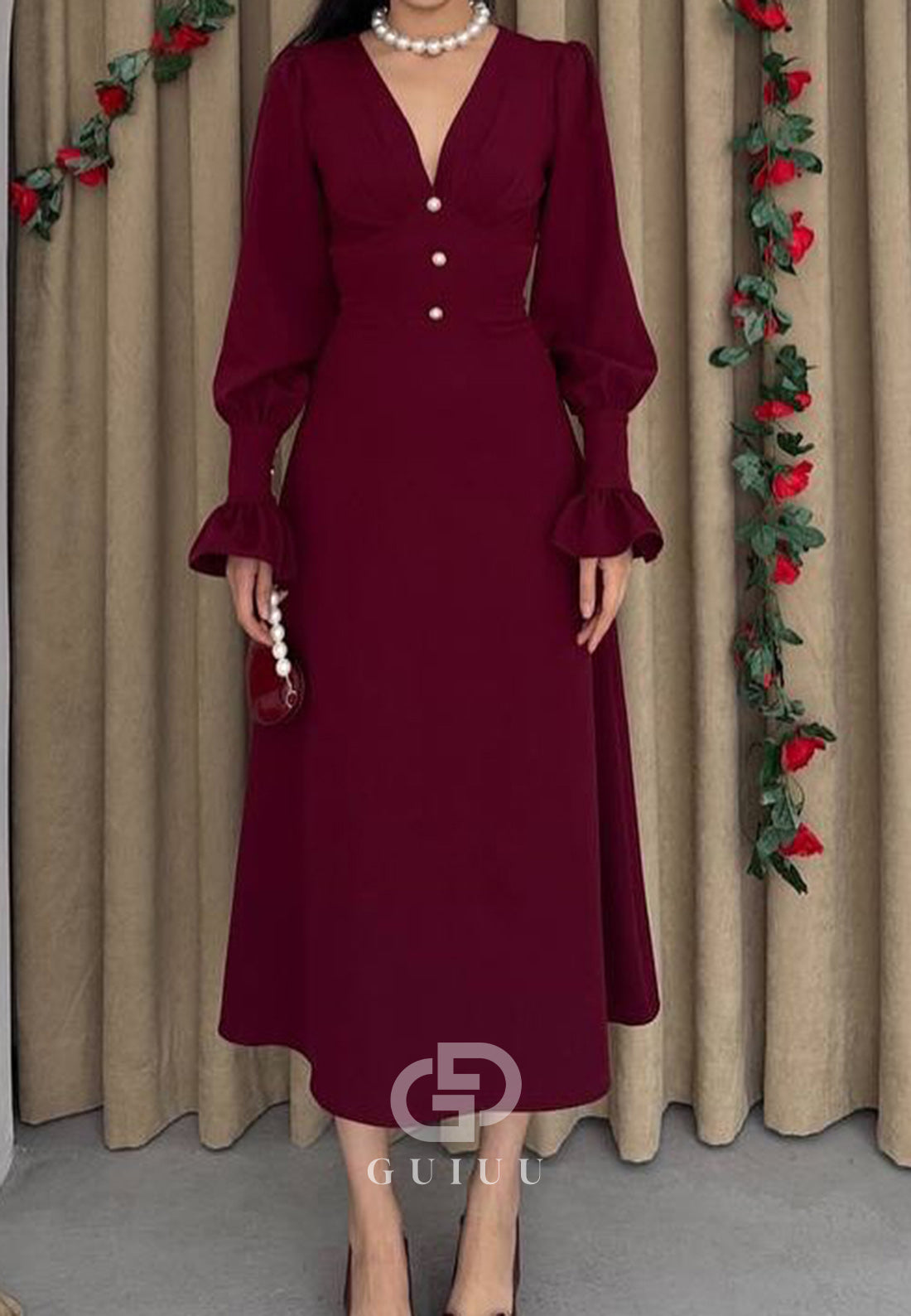 A-Line Long Sleeves V-Neck Semi-Formal Dress