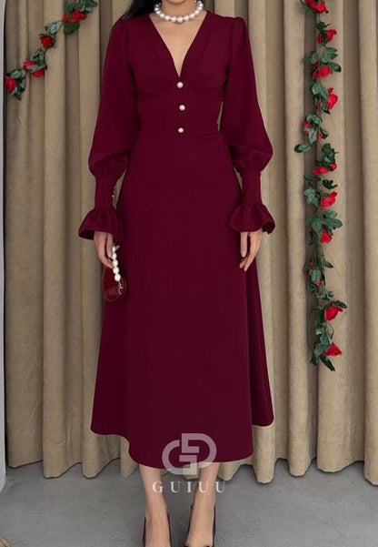 A-Line Long Sleeves V-Neck Semi-Formal Dress