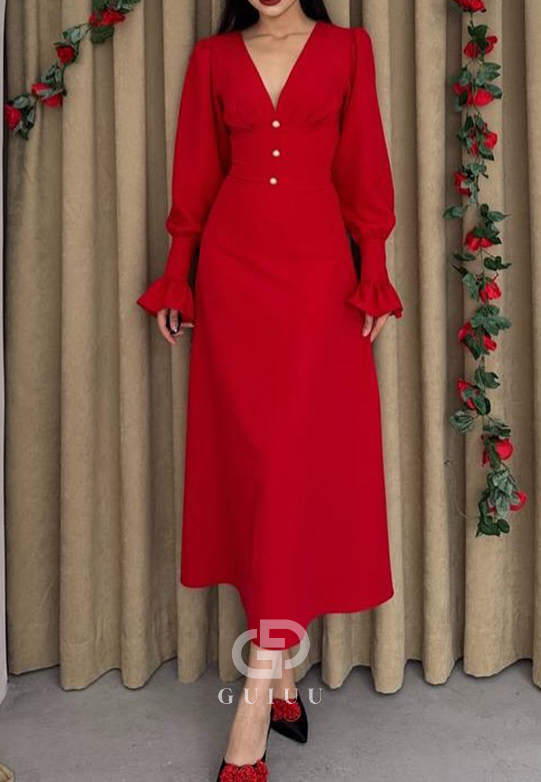 A-Line Long Sleeves V-Neck Semi-Formal Dress