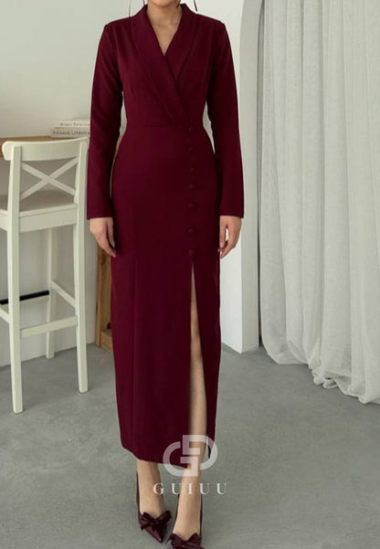 Simple Long Sleeves V-Neck Slit Work Dress