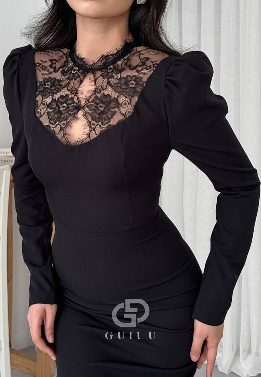 High Neck Long Sleeves Satin Semi-Formal Dress