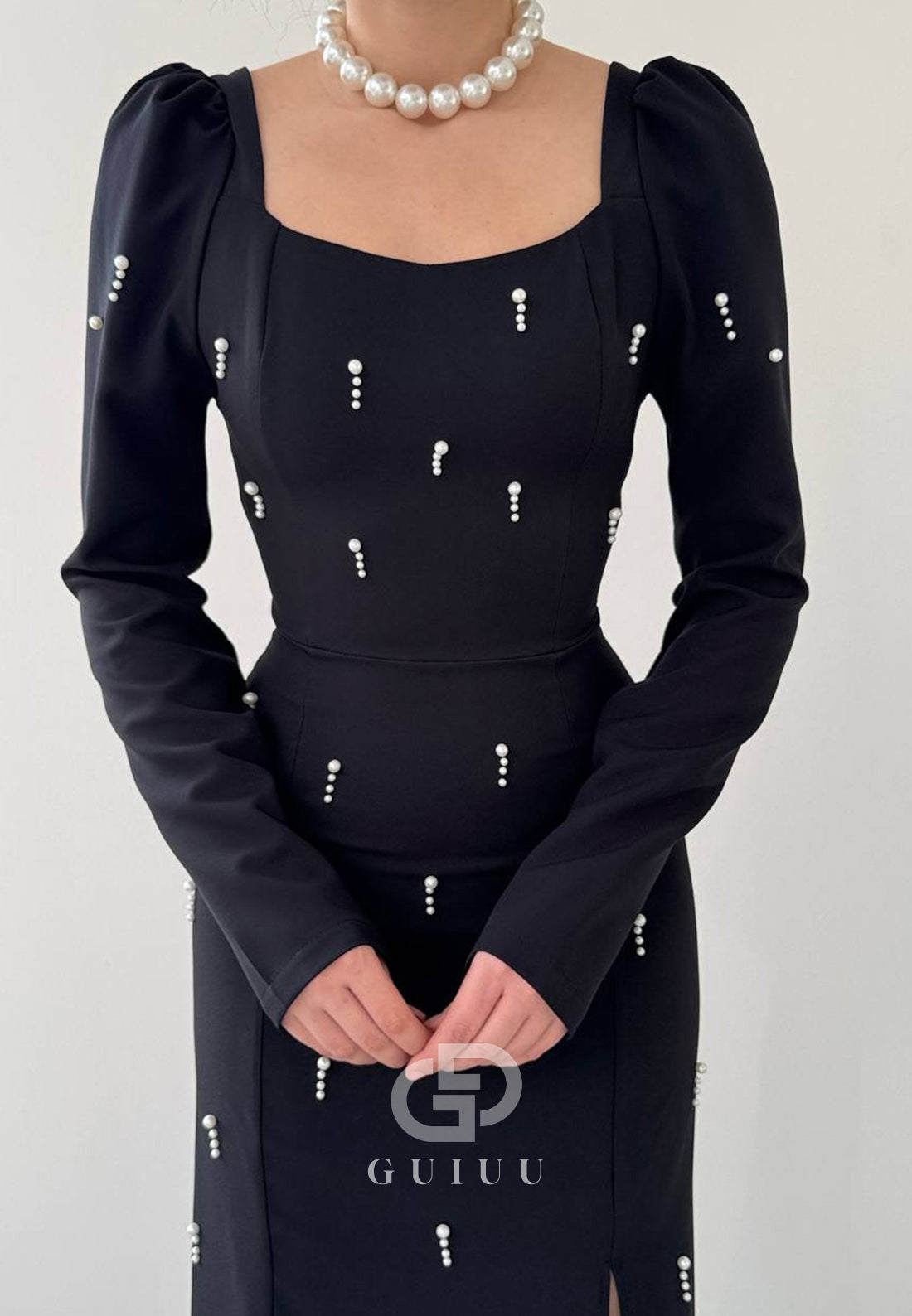 Long Sleeves Square Pearls Slit Semi-Formal Dress