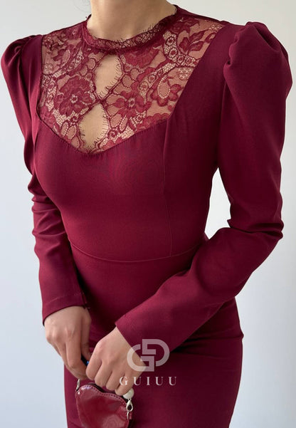 High Neck Long Sleeves Satin Semi-Formal Dress