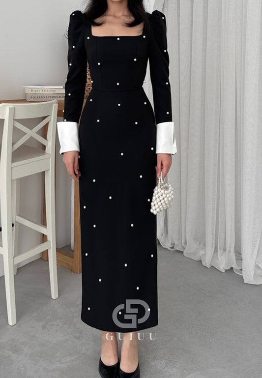 Long Sleeves Square Pearls Ankle-Length Semi-Formal Dress