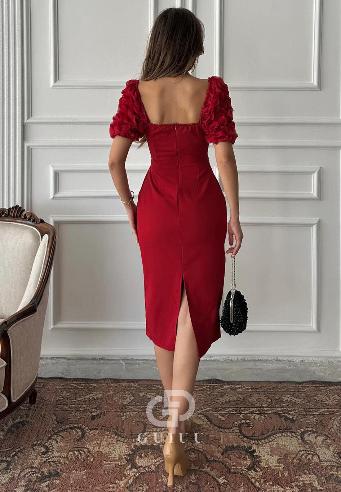 Sheath Short Sleeves Square Empire-Waist Cocktail Dress