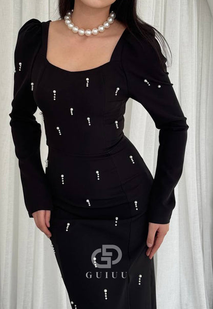 Long Sleeves Square Pearls Slit Semi-Formal Dress