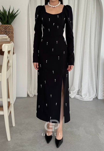 Long Sleeves Square Pearls Slit Semi-Formal Dress