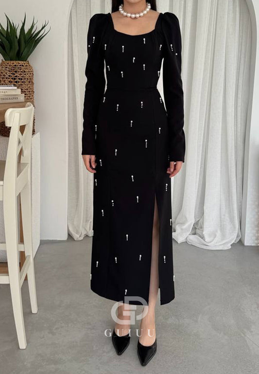 Long Sleeves Square Pearls Slit Semi-Formal Dress