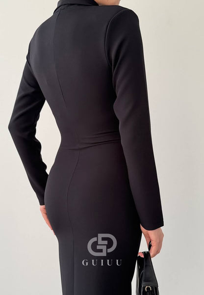 Simple Long Sleeves V-Neck Slit Work Dress