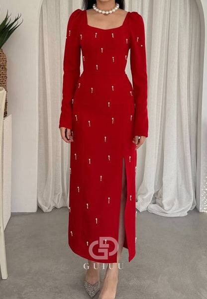 Long Sleeves Square Pearls Slit Semi-Formal Dress