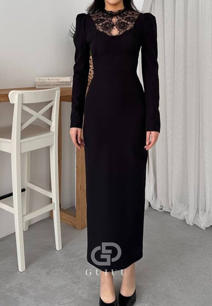 High Neck Long Sleeves Satin Semi-Formal Dress