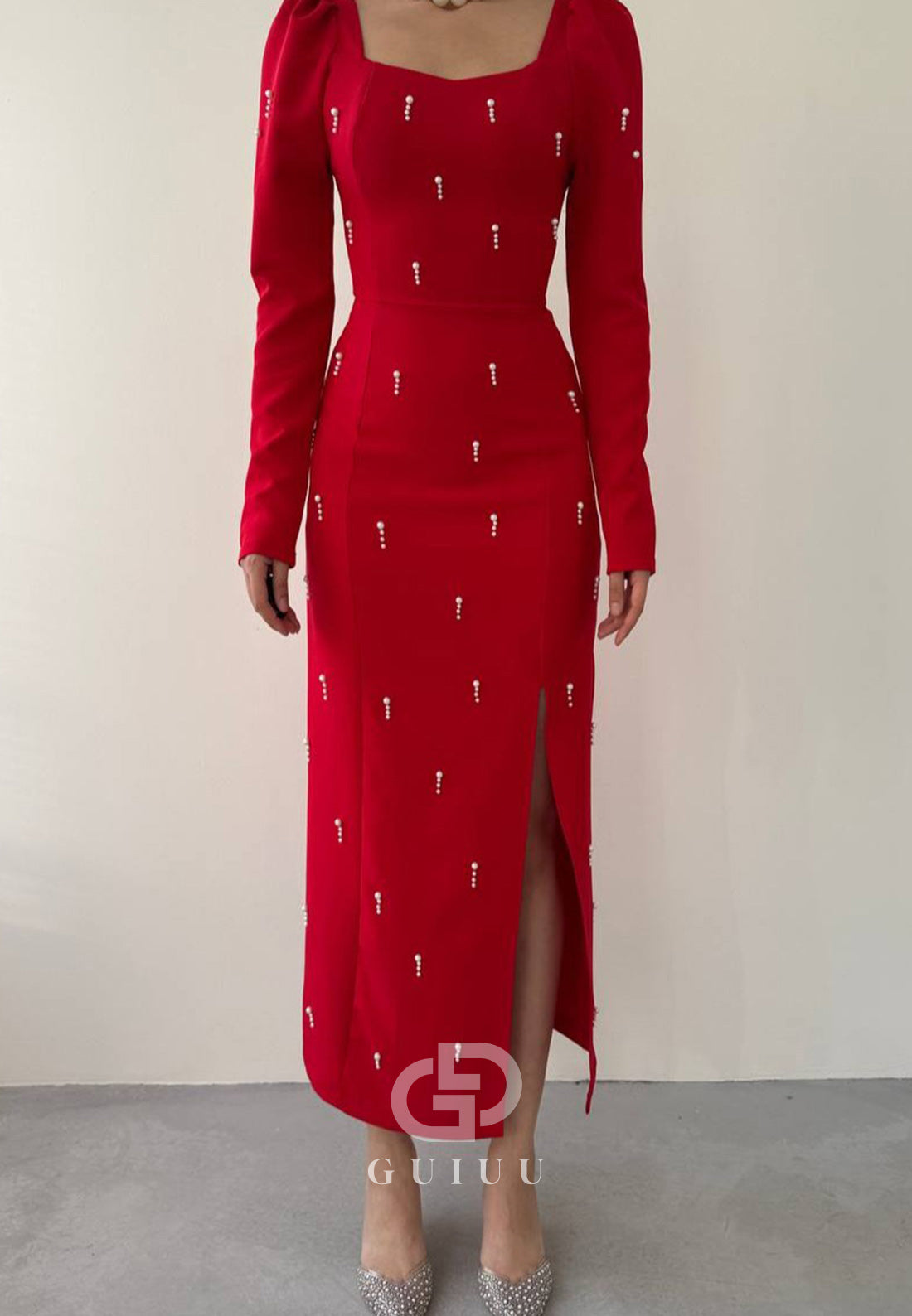 Long Sleeves Square Pearls Slit Semi-Formal Dress