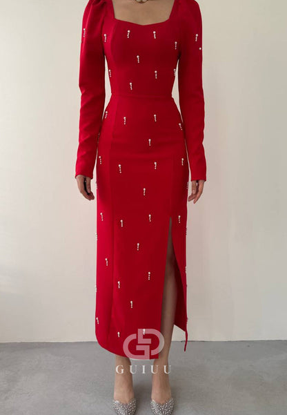 Long Sleeves Square Pearls Slit Semi-Formal Dress
