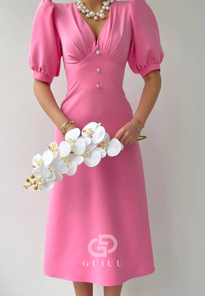 Simple Short Sleeves V-Neck Work Dress