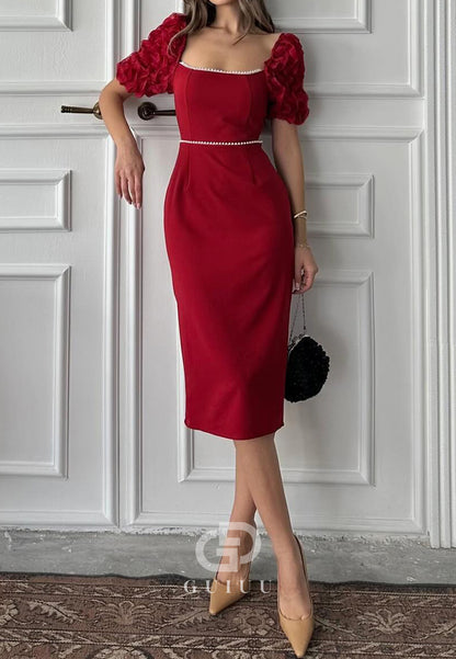 Sheath Short Sleeves Square Empire-Waist Cocktail Dress