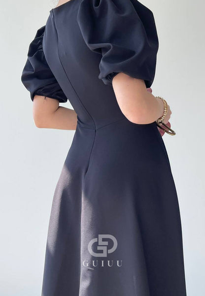 A-Line Short Sleeves Scoop Pearls Semi-Formal Dress