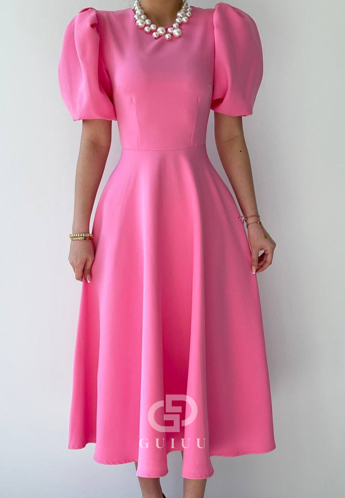 A-Line Short Sleeves Scoop Pearls Semi-Formal Dress