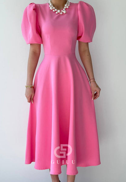 A-Line Short Sleeves Scoop Pearls Semi-Formal Dress