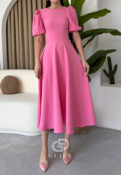 A-Line Short Sleeves Scoop Pearls Semi-Formal Dress